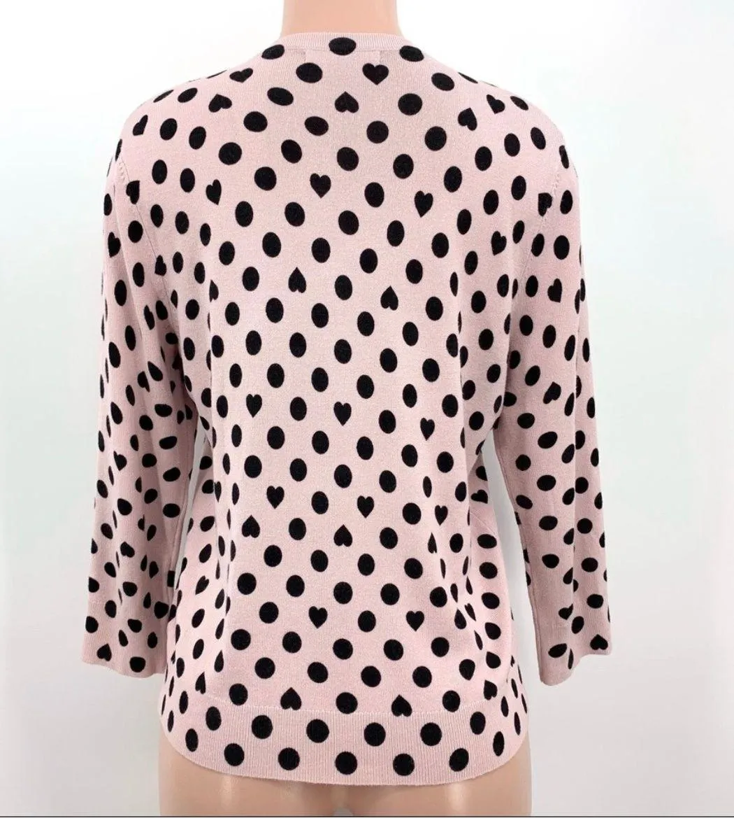 Pink Pearl Button Down Black Heart Polka Dot Valentine Cardigan L - Image 2
