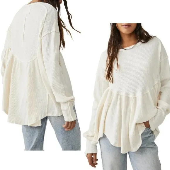 Free People Oh My Babydoll Waffle Thermal Top Nilla Cream NWOT Size Small - Image 2