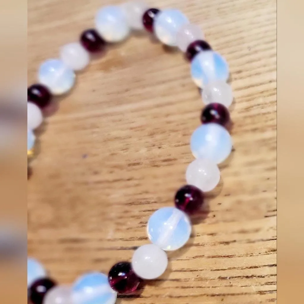 Natural Garnet Rose Quartz Opalite Crystal stretch bracelet - Image 3