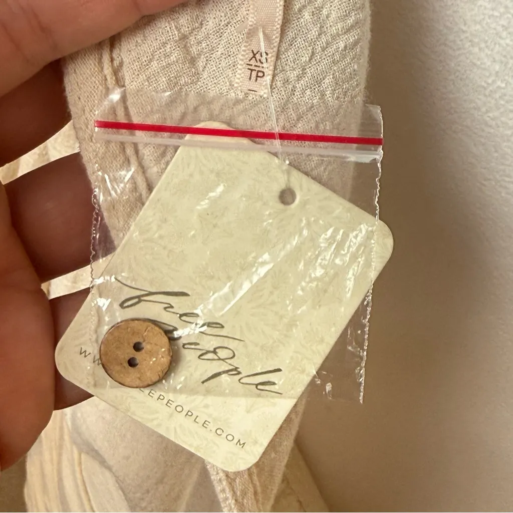 Free People Mini Dress XS Cream Gauzy Boho Peasant Ruched Buttons Neutral NWT - Image 10