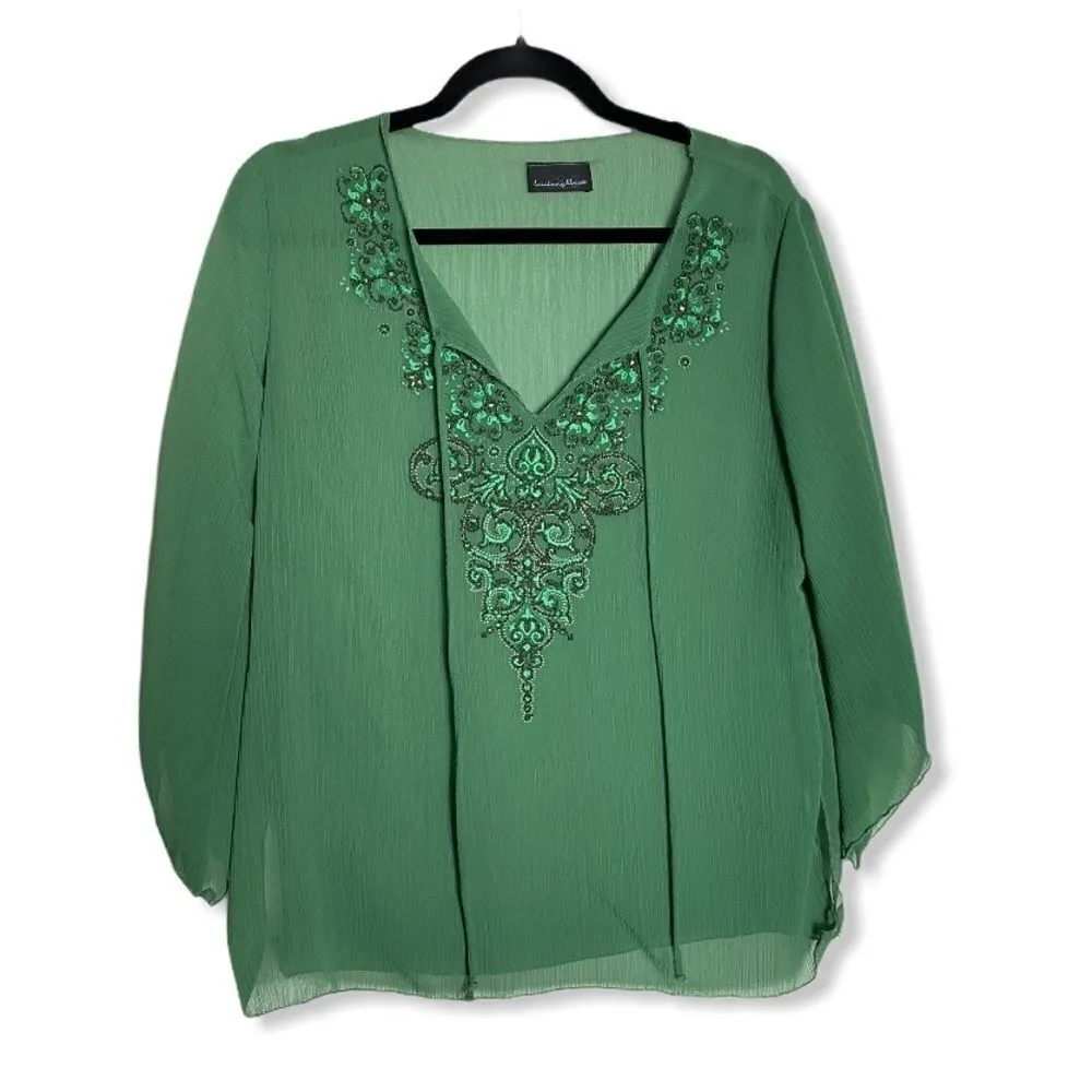 Brittany Black Women’s Sheer Green Embellished Blouse Size S/M Boho Beaded Tunic - Image 2