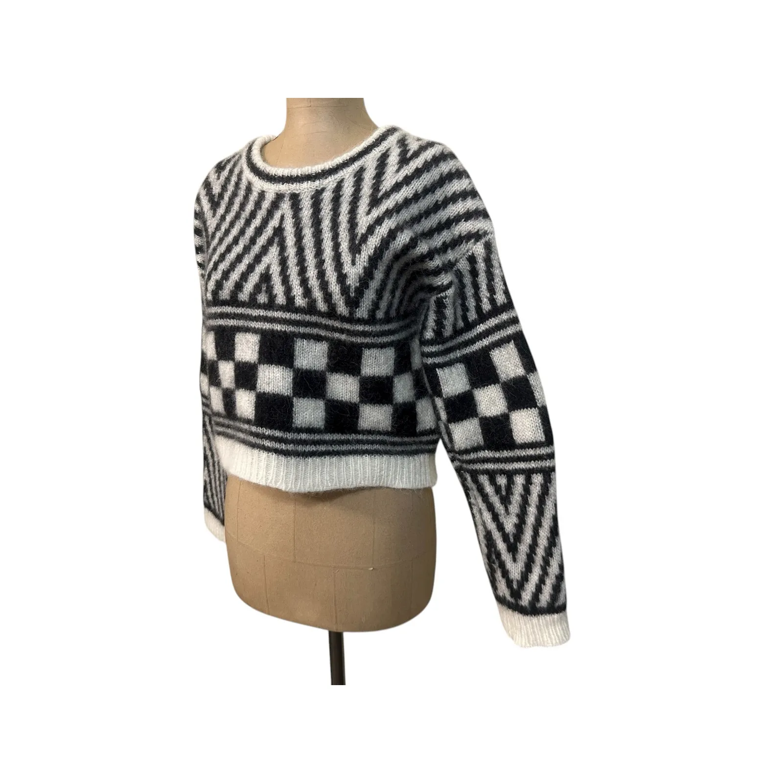 Mother Crewneck Cropped Sweater Alpaca Wool Blend Graphic Black Print Size XS - Image 5