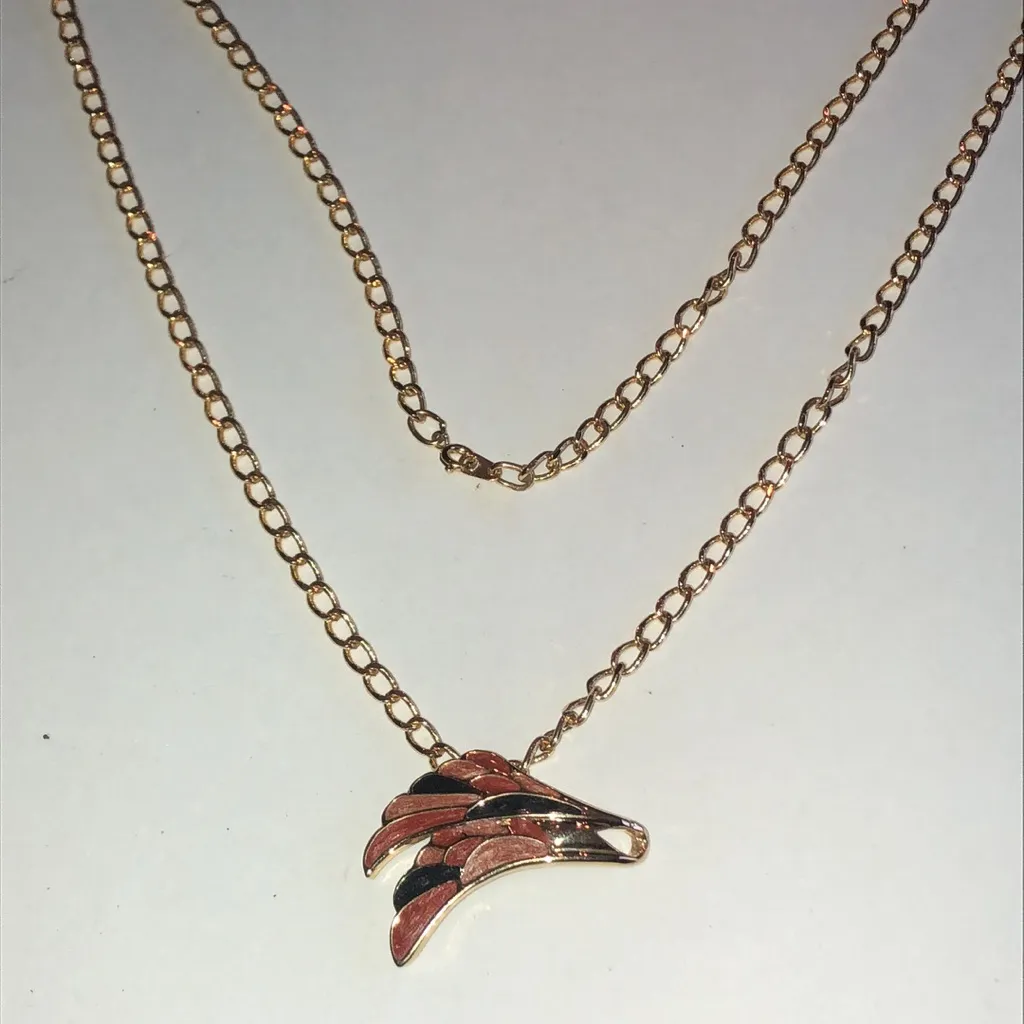 Angel Brand Signed Gold Tone Reddish Orange Black Enamel Pendant Necklace - Image 2