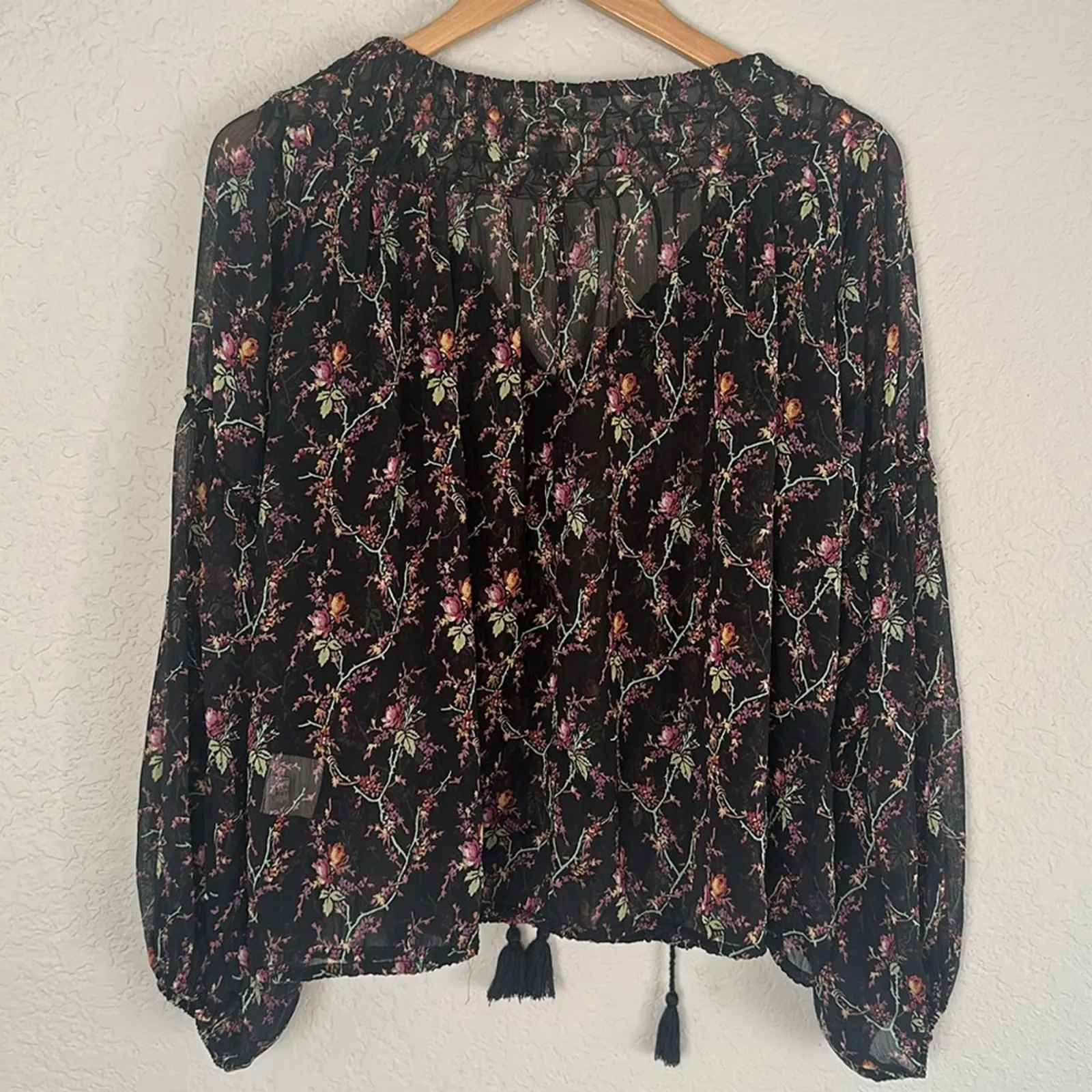 Vintage Ralph Lauren Denim & Supply Sheer Boho Peasant Top Black Floral Tassels - Image 6
