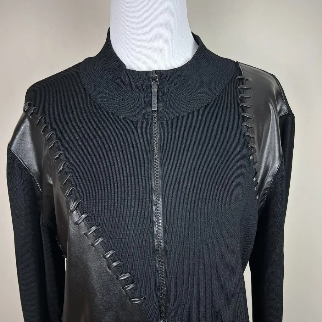 Yuka Sweater Jacket Womens Large Black Faux Leather Ribbed Knit Zip Whip Stitch‎ - Image 3
