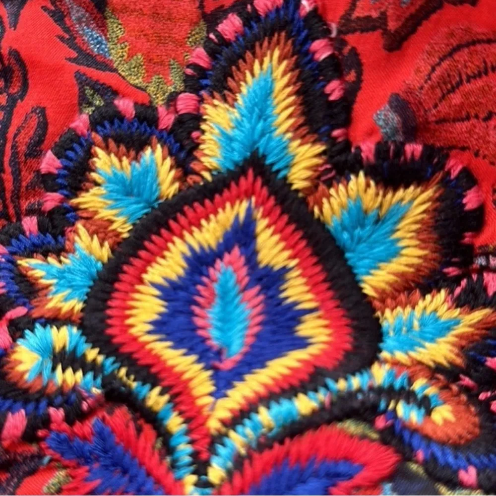 Farm Rio x Anthropologie One Shoulder Crop Top Puff Sleeve in Red Motif NWT $158 - Image 2