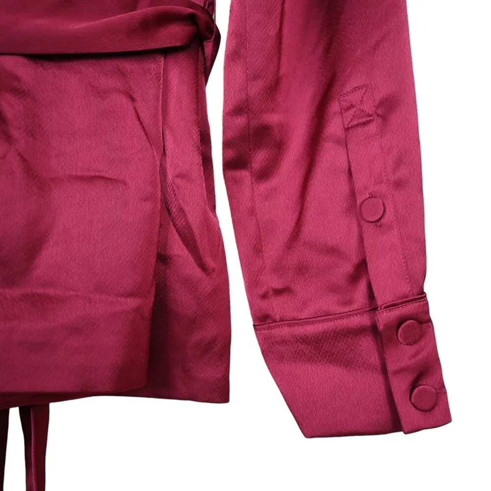 PAIGE Womens M Havenn Tie Waist Lined Satin Blazer in Mulberry NEW - Image 8