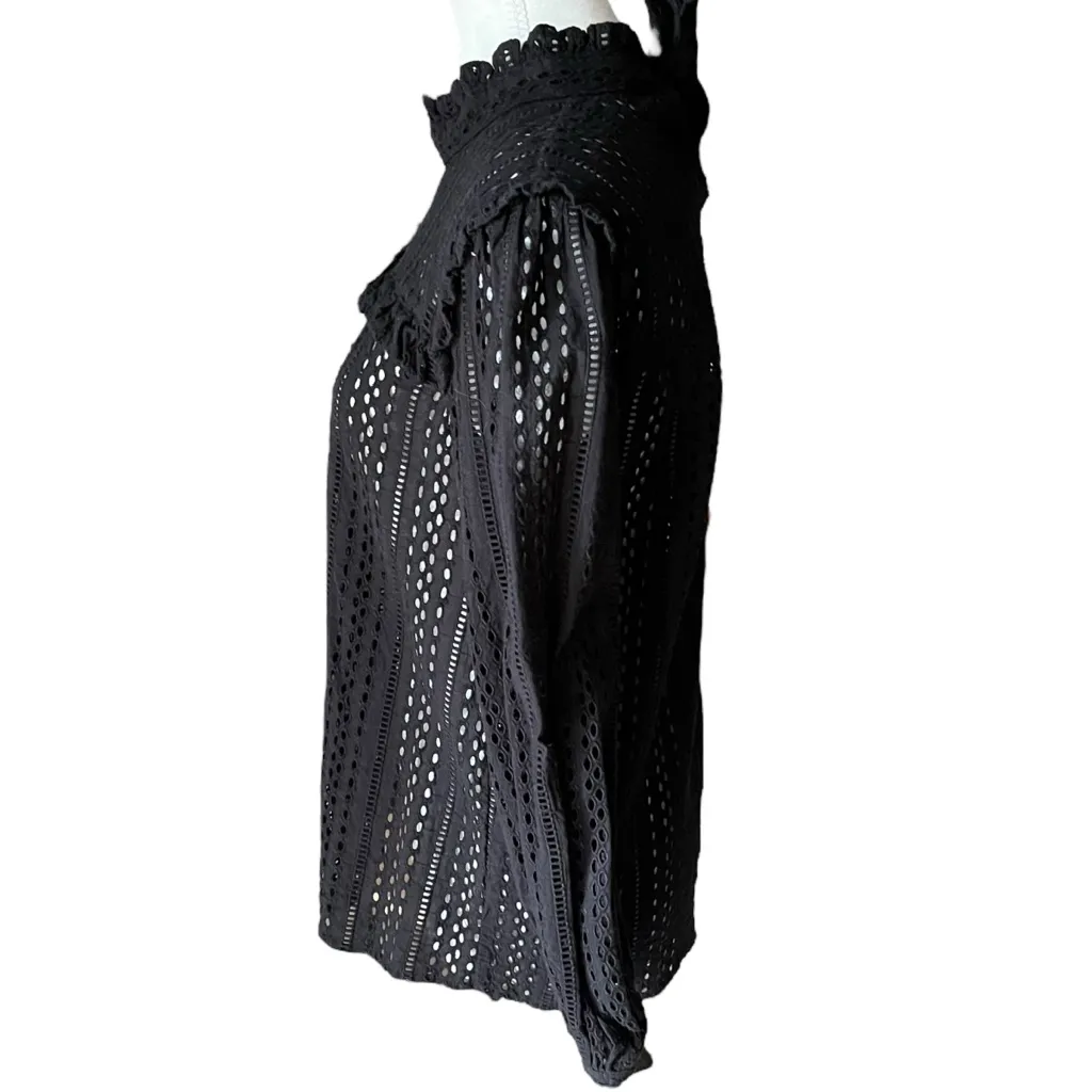 Madewell Black‎ Lace Ruffle Blouse Eyelet Mockneck Ruffle Tie Back Size XS - Image 3