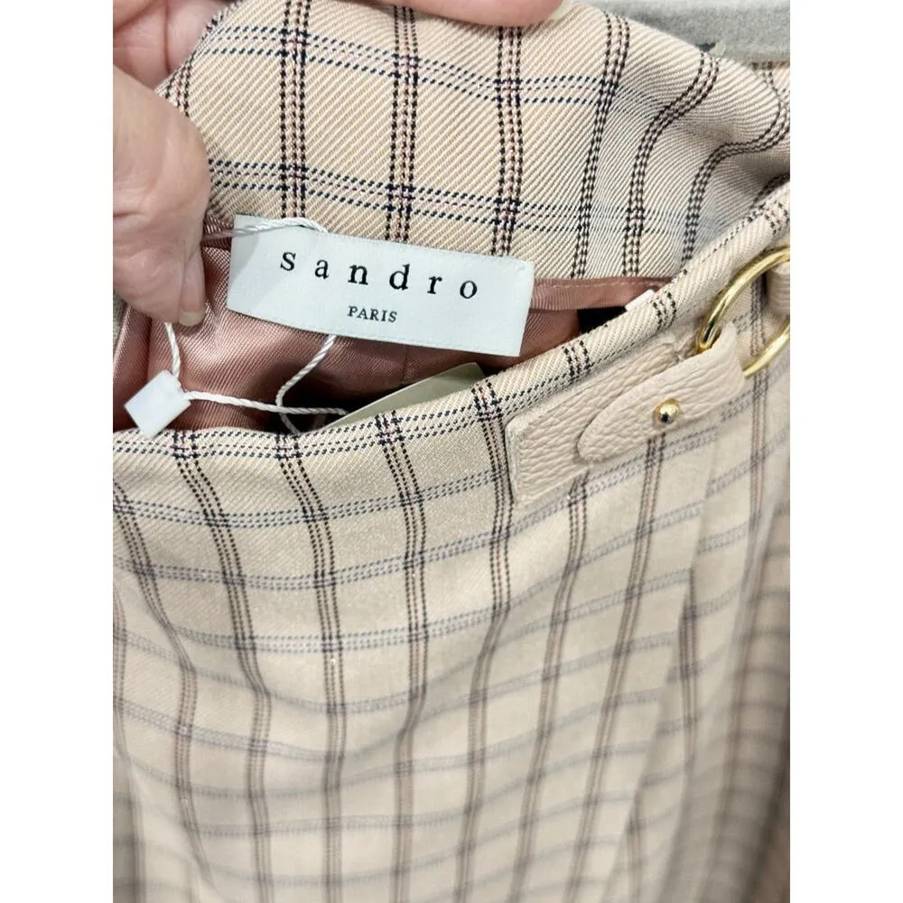 Sandro Meredith Checkered Twill Mini Faux Wrap Skirt Nude Beige Women's Size 1 - Image 6