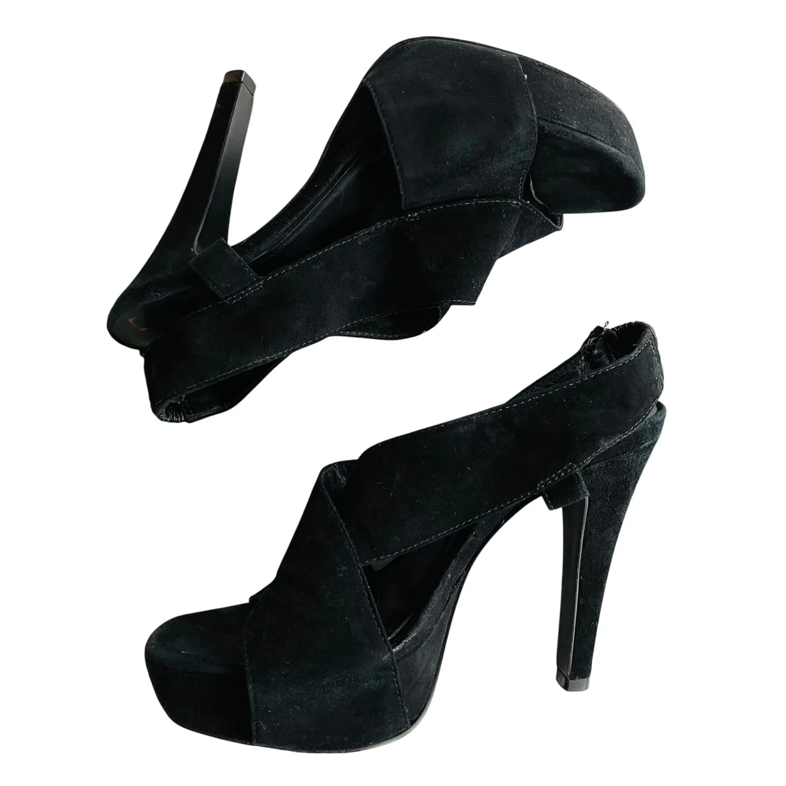 DVF Suede Criss Cross Open Toe Heel 6 Black Sandal Chunky Dance Party - Image 3