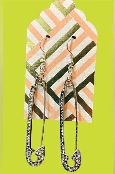 Rhinestone Safety Pin Dangle Earrings Silver Tone New - Image 2