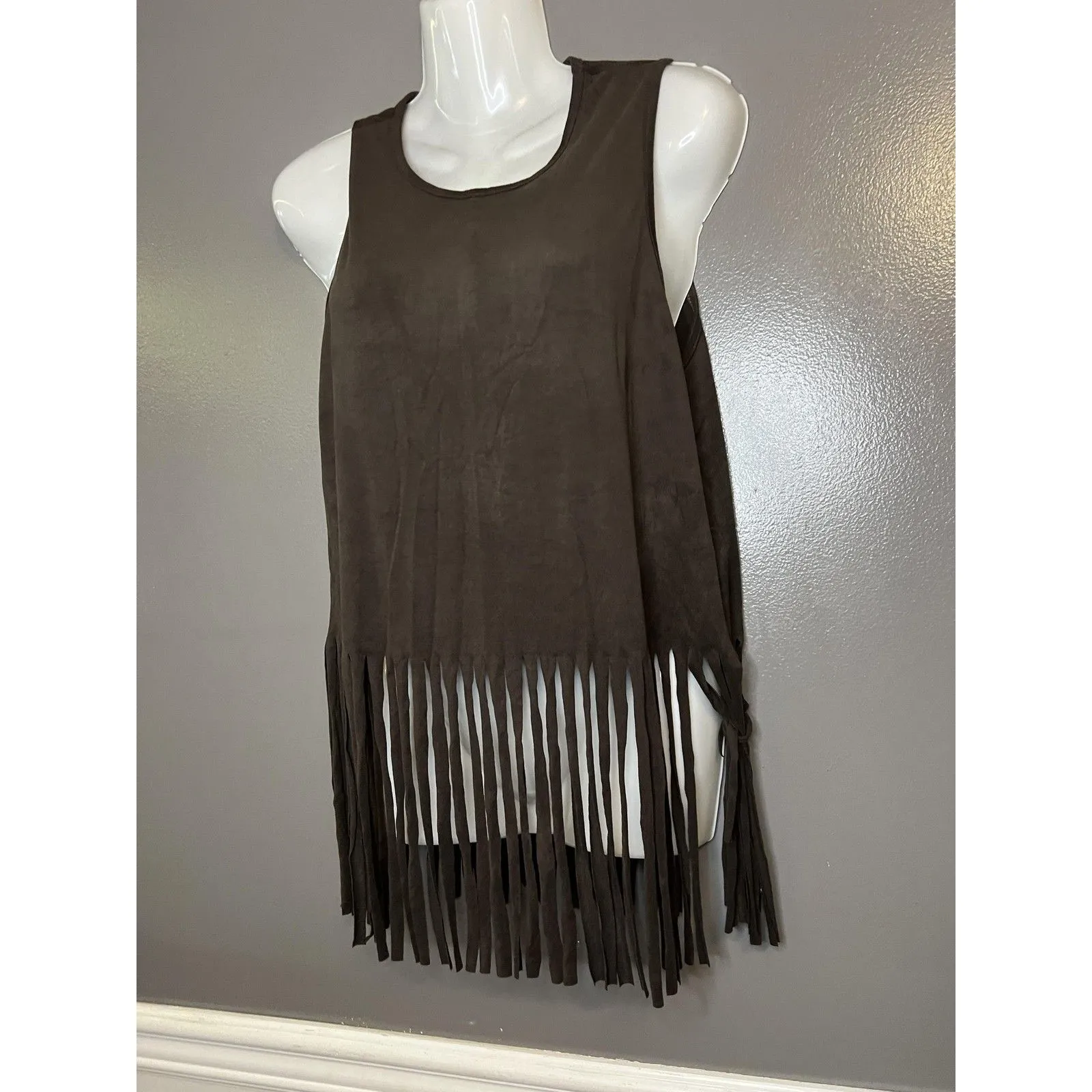 Marianne Fringe Tank Top Womens Medium Brown Boho Festival Suede Look Sleeveless - Image 3