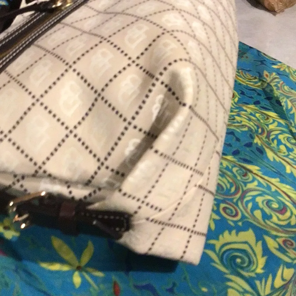 DOONEY & BOURKE LOGO PRINT CANVAS BROWN LEATHER TRIM HANDLE PURSE SHOULDER BAG - Image 9