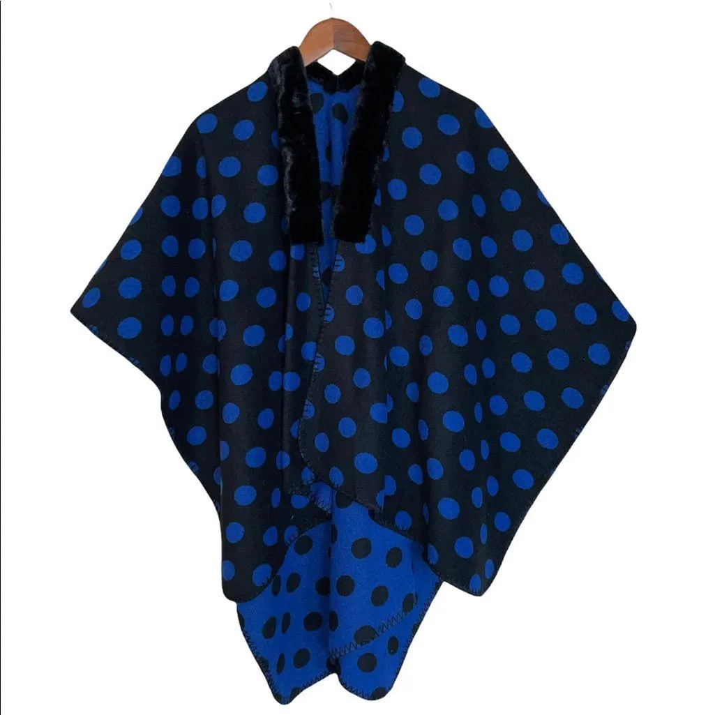 NWOT LOFT Sweater Poncho Cardigan Polka Dot With Faux Fur Trim Marino Wool - Image 5