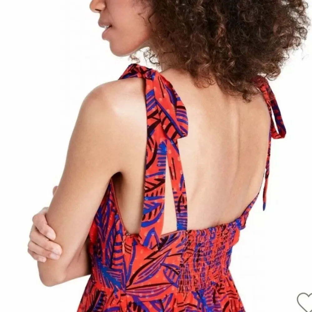 Alexis For Target Dress Small Tropical Leaf Tie Strap Asymmetrical Orange NWT - Image 4