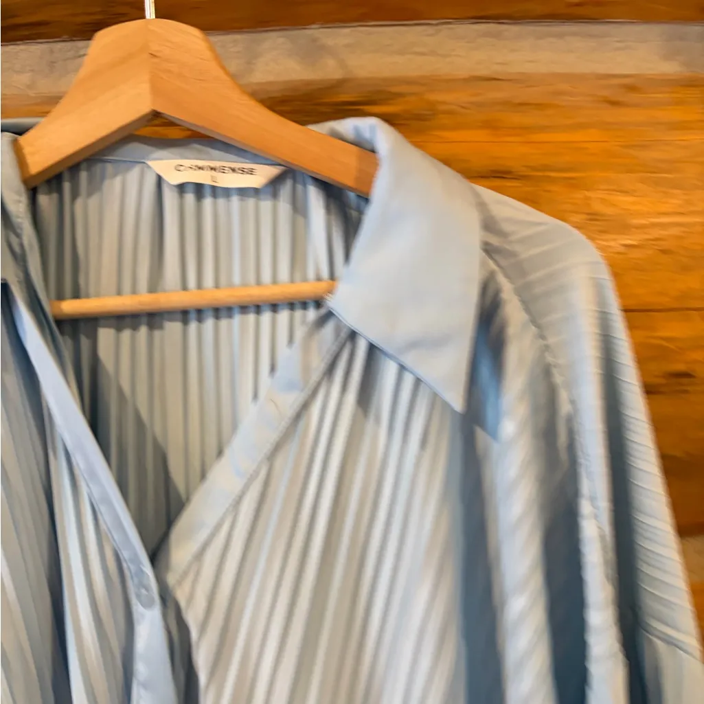 Commense Leisure Pleated 2pc Set sz L Blue Oversize Button Up Top Wide Leg Size L - Image 4