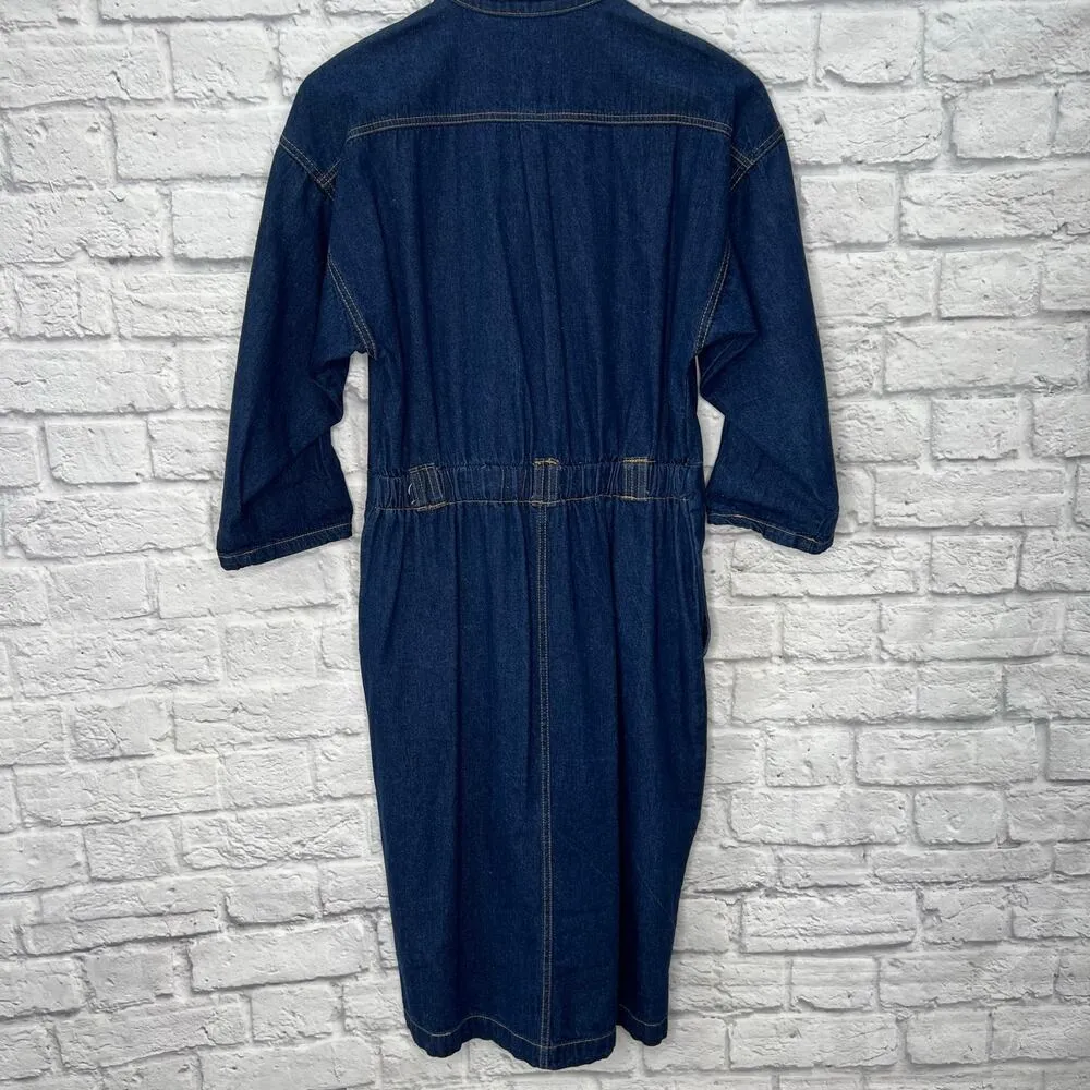 Vintage Denim Carina Dress Midi Trench Shirt Size 5/6 70s Double Breast Pockets Blue - Image 5