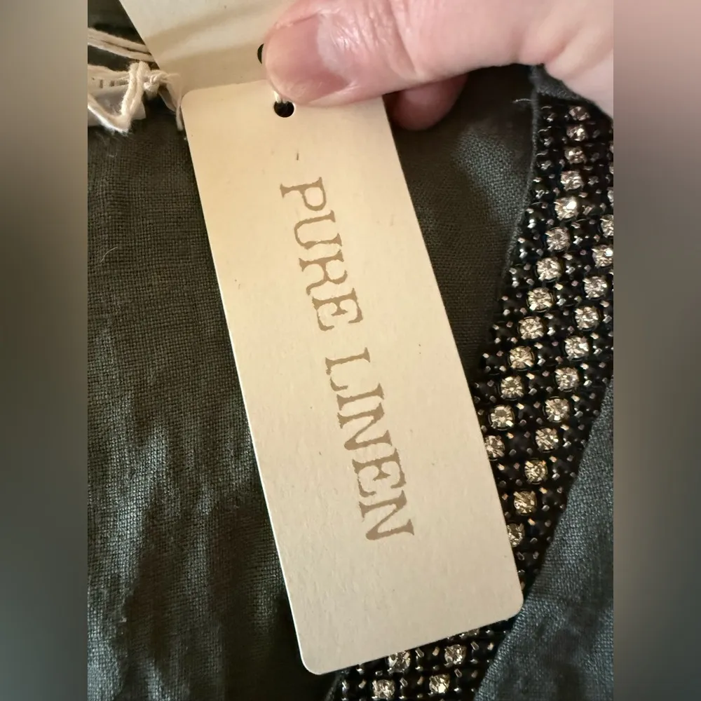 LINA TOMEI Pure Linen Shift Dress Sleeveless Beaded V - Image 12