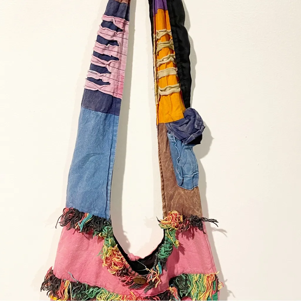 Vintage Cotton Made in Nepal Y2K Multi Color Tassel Shoulder Sling Bag‎ Pink - Image 3