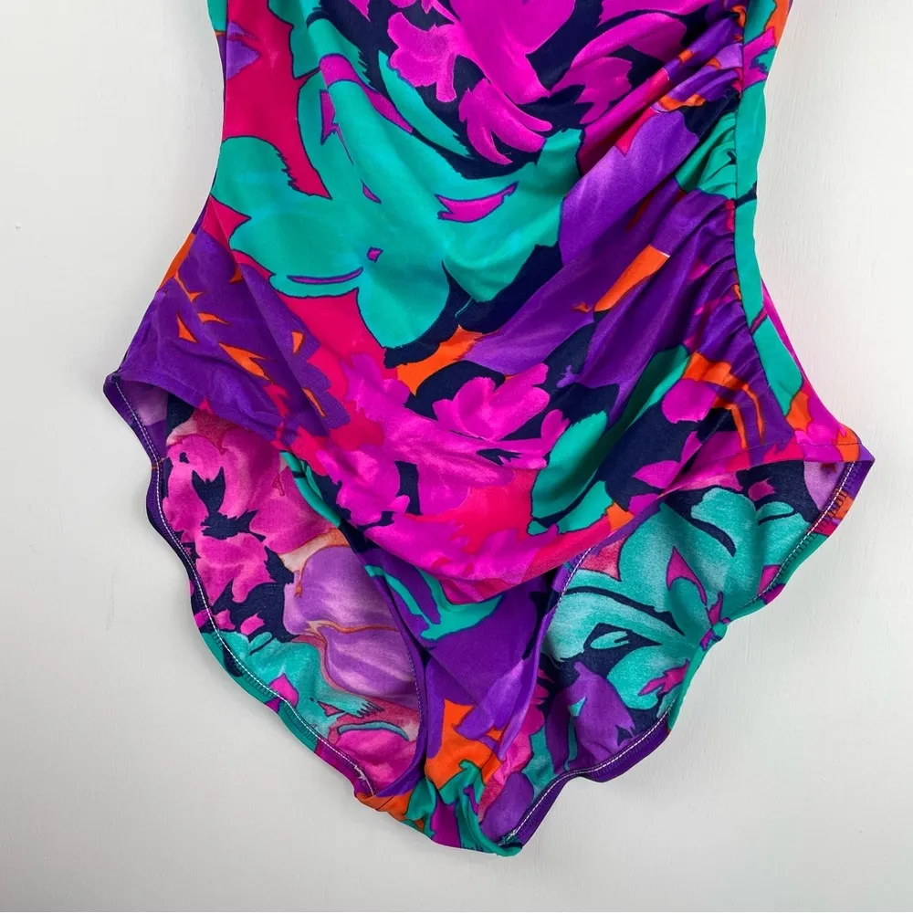 Vtg Y2K Abstract Swim One Piece Sz 16 High Cut Neon Floral Print Ruched Pink - Image 4