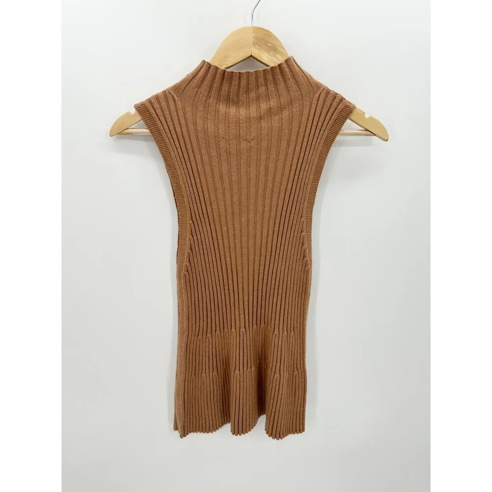 Moth Anthro Sweater Women Medium Tan Brown Ribbed High Neck Sleeveless Fitted - Image 2