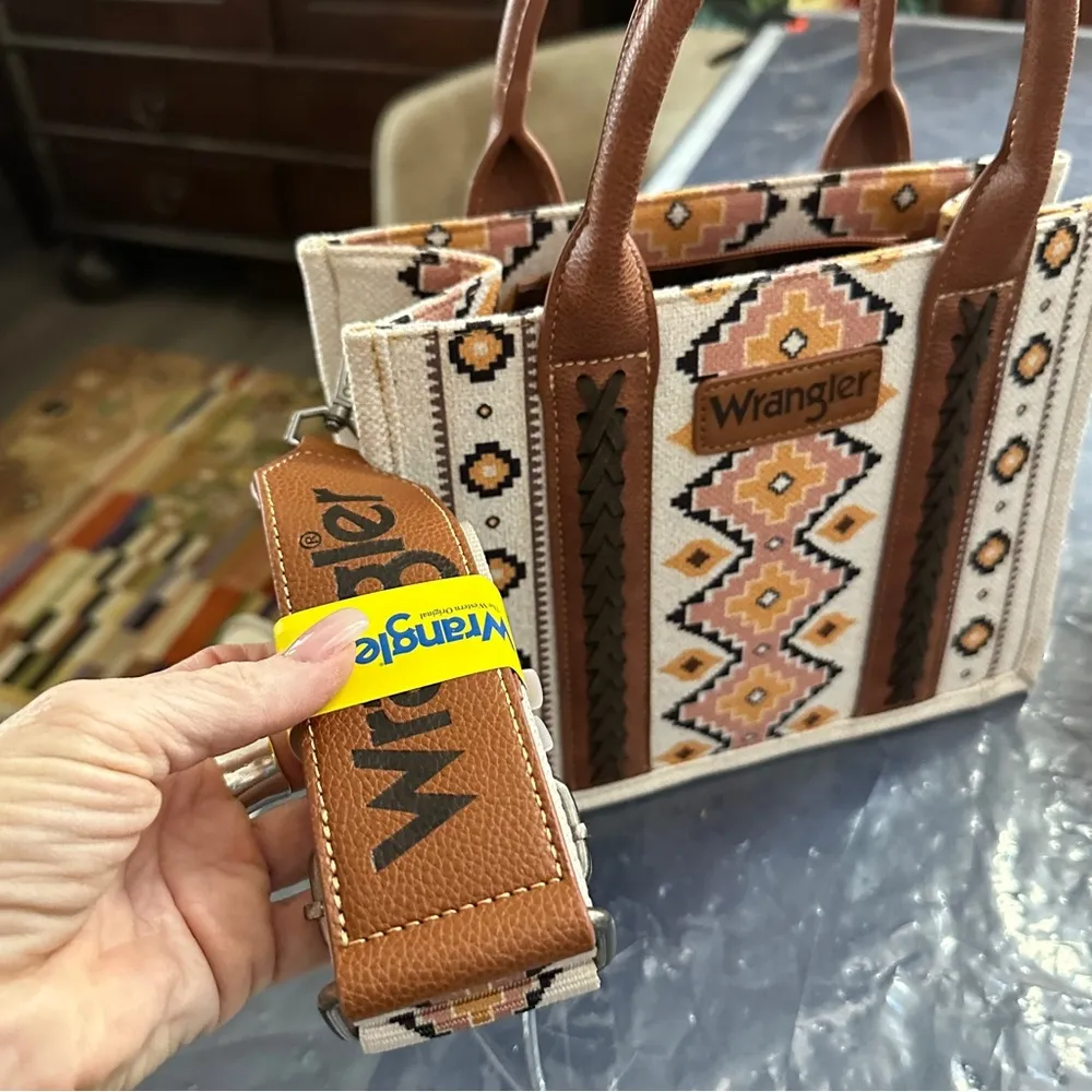 Wrangler Women's Beige and Brown Geometric Aztec Crossbody Top Handle Tote NEW - Image 3