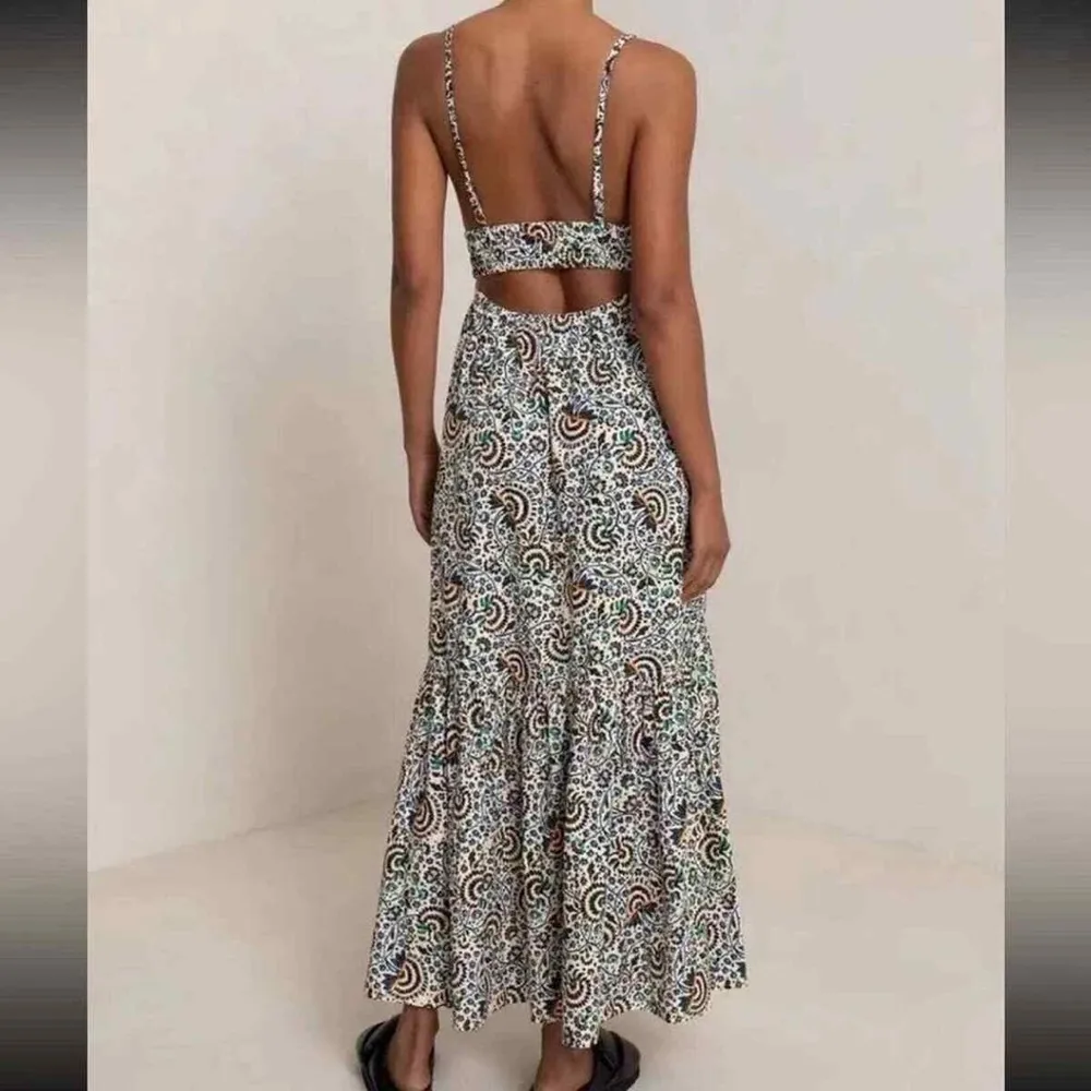 ALC Rhodes‎ Printed Cotton Poplin Tiered Midi Dress 4 Multicolor Open Back - Image 2