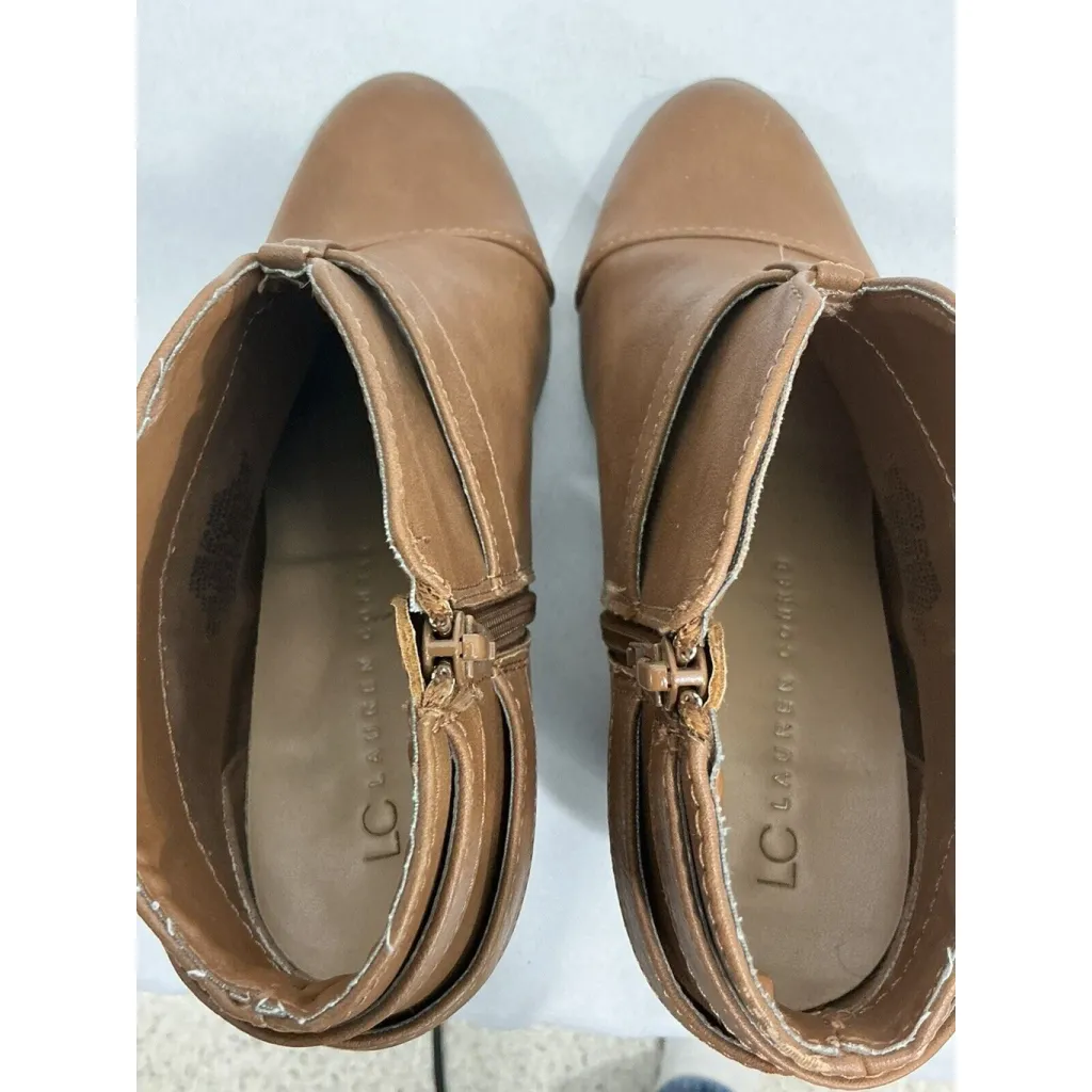 Womans LC Lauren Conrad Bon Bon Cognac Size 7.5m Strappy Zip Block Heel Booties - Image 6