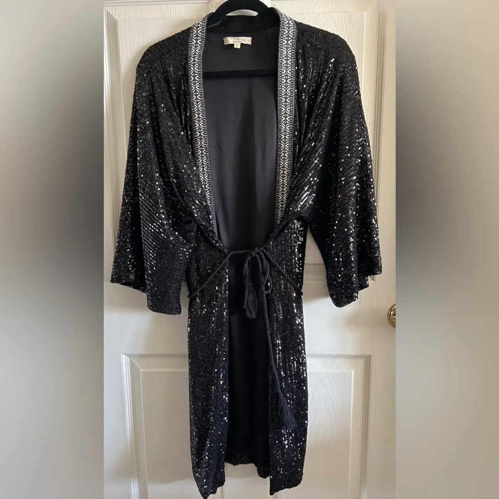 Chelsie & Violet Black Open Front Sequin Duster Jacket‎ Belted Kimono Size XL - Image 2
