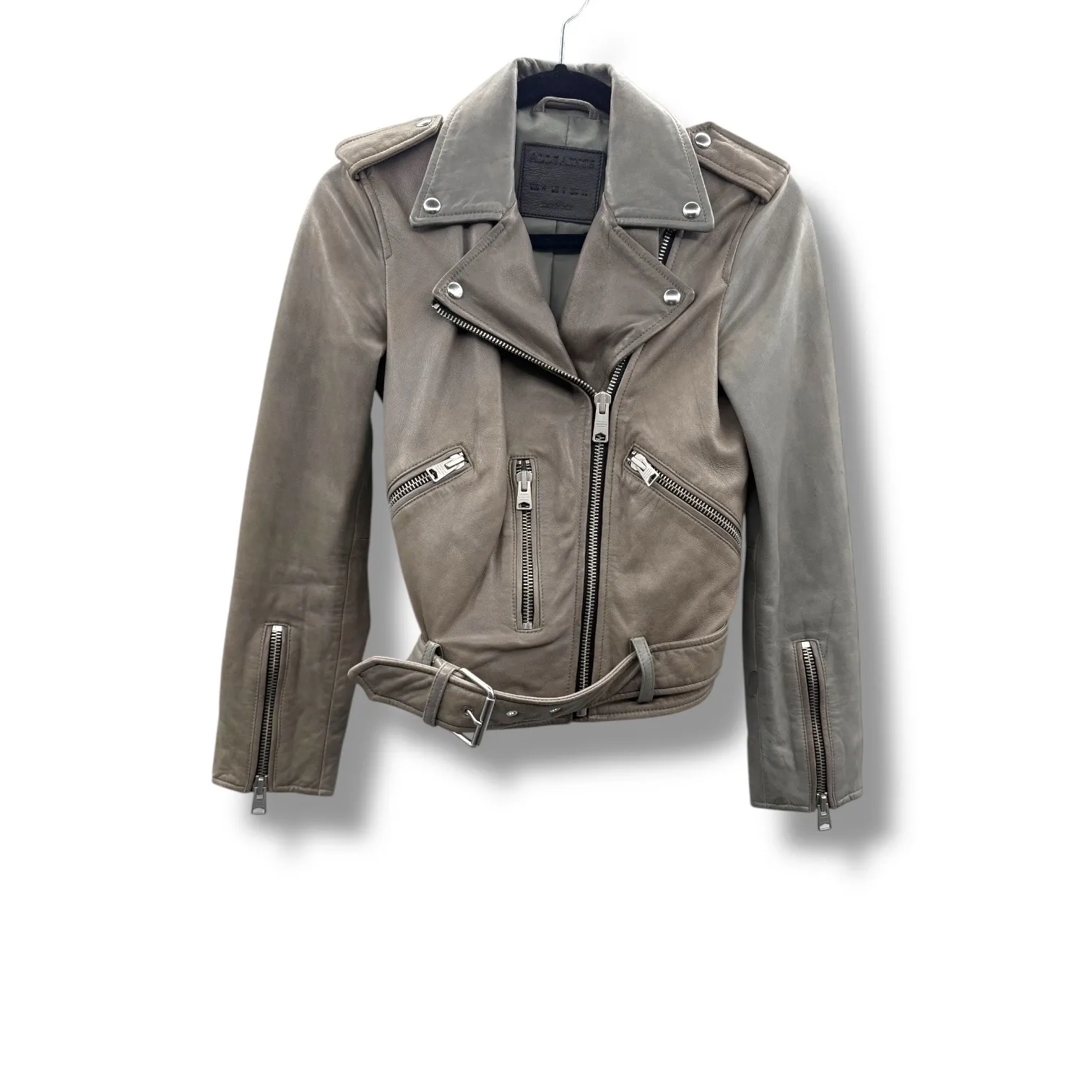 AllSaints Balfern Leather Biker Jacket Women's Size 0 Taupe Moto Fall Edgy - Image 3