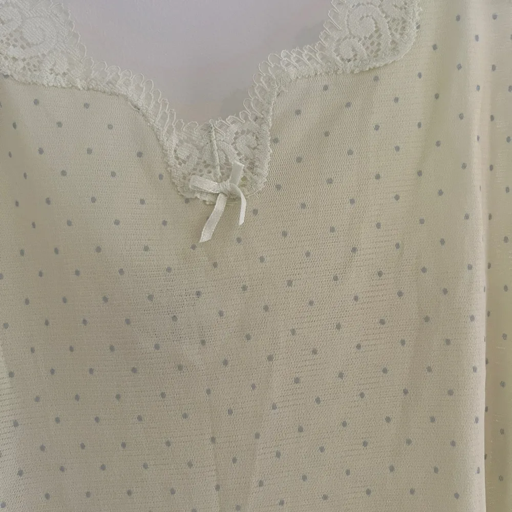 Y2K Nightgown Lingerie Mesh Sheer Lace Medium Pale Butter Yellow Blue Dots - Image 2