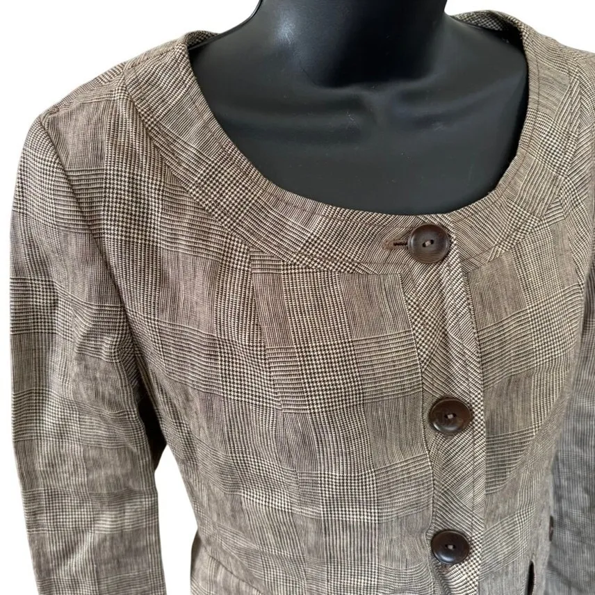 Vintage 90s MaxMara 100% Linen Blazer Sz 2 Made in Italy Brown Check Old Money - Image 3