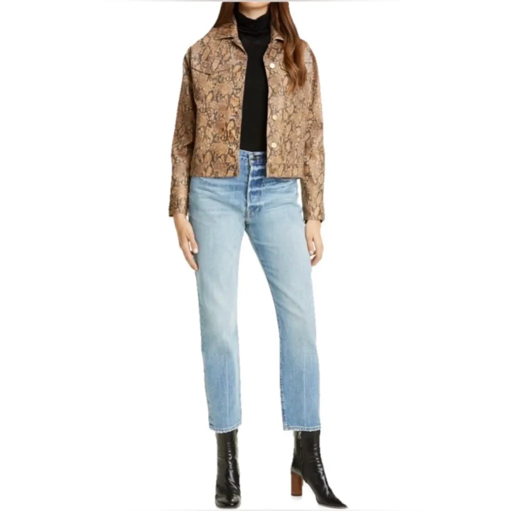 Frame Le Vintage Python Brown Snake Print Coated Denim Jacket Women’s Size XS - Image 3