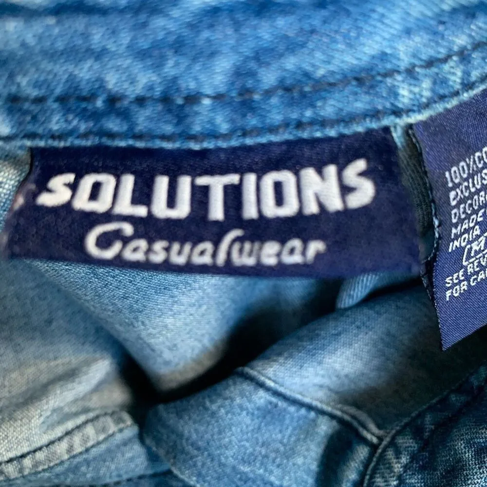 Vintage 90s Embroidered Chambray Denim Short Sleeve Button Up Top Plaid Picnic Blue Size M - Image 7