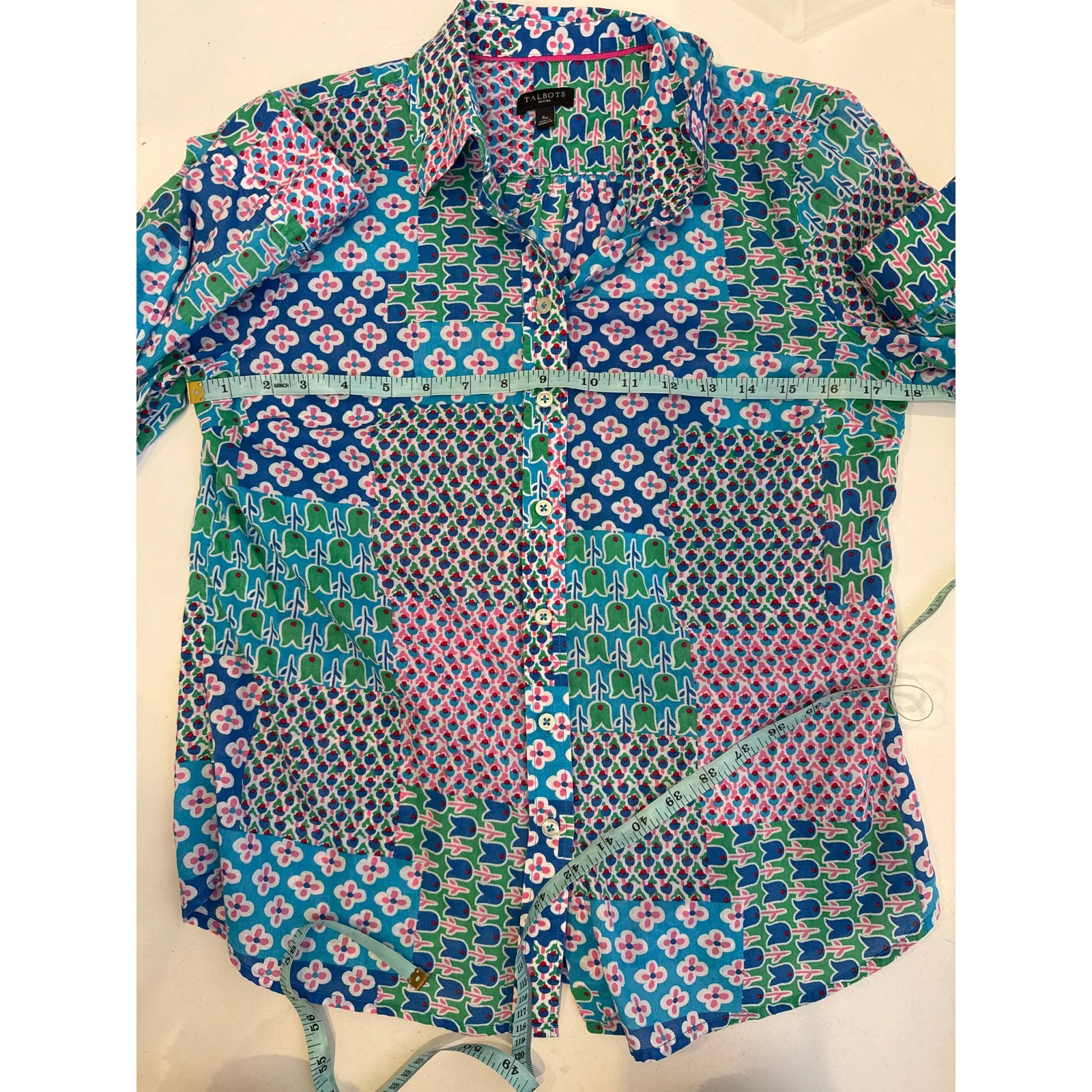 Talbots Floral Tulip Patchwork Colorful Long Sleeve Button Shirt EUC Sz S Petite - Image 6