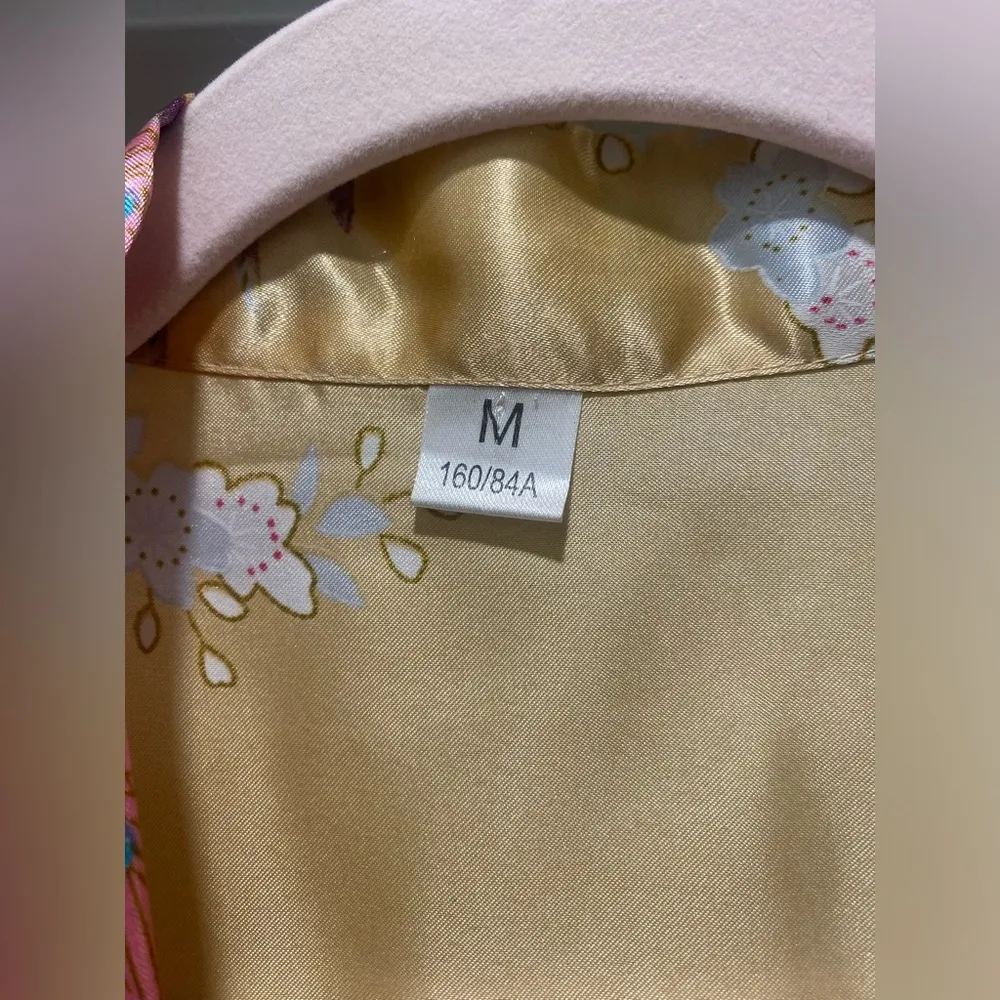 VTG 80s 90s Cream Champagne & Pink Peacock Floral Print Kimono Robe Bathrobe - M - Image 6