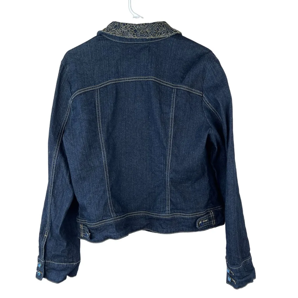 Jeanstar Ramie Blend Embroidered Jean Jacket Womens Sz L Blue Button Up Pockets Size L - Image 2
