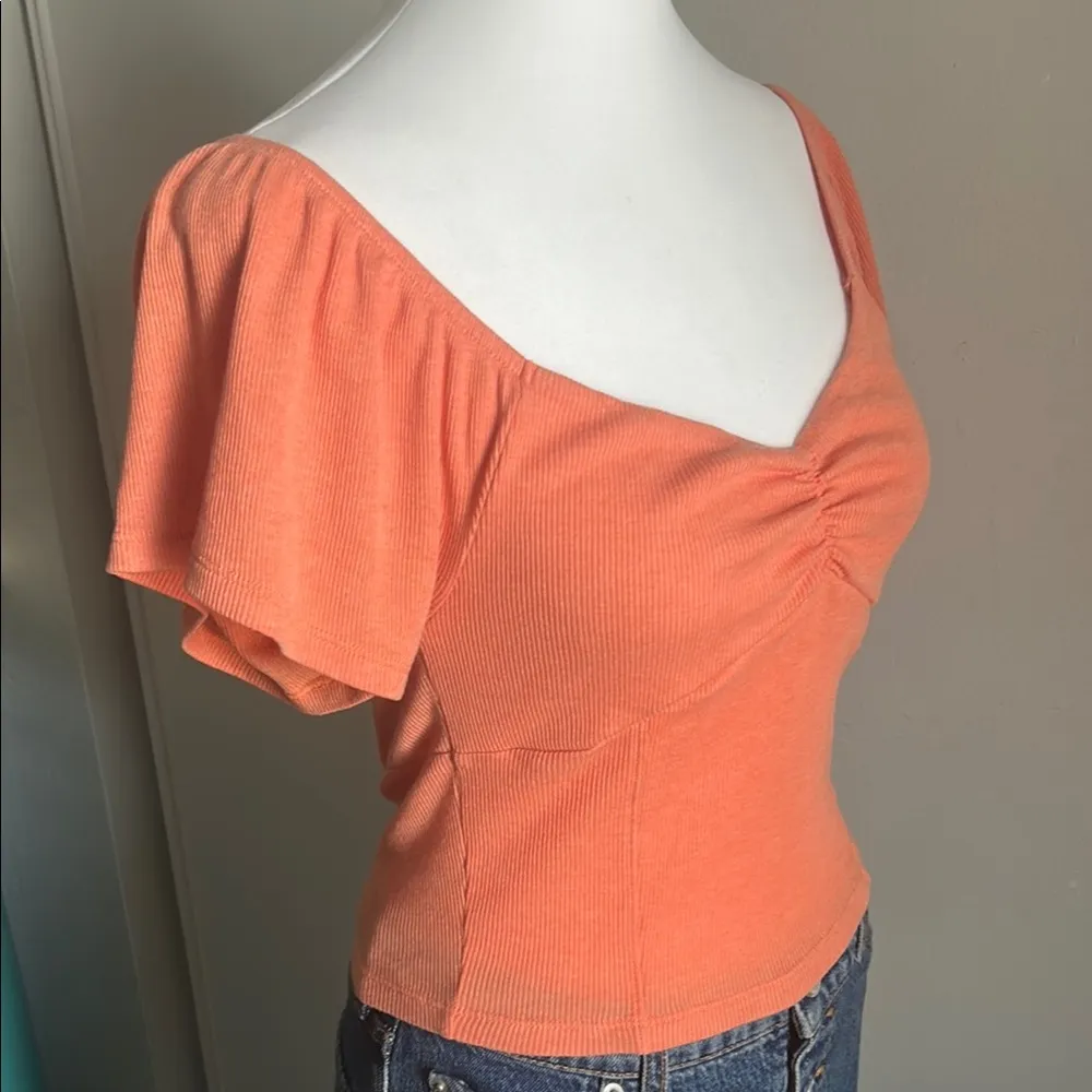 American Eagle Outfitters Light Coral Ruched Crop Ribbed Cotton Blend Blouse - Image 3