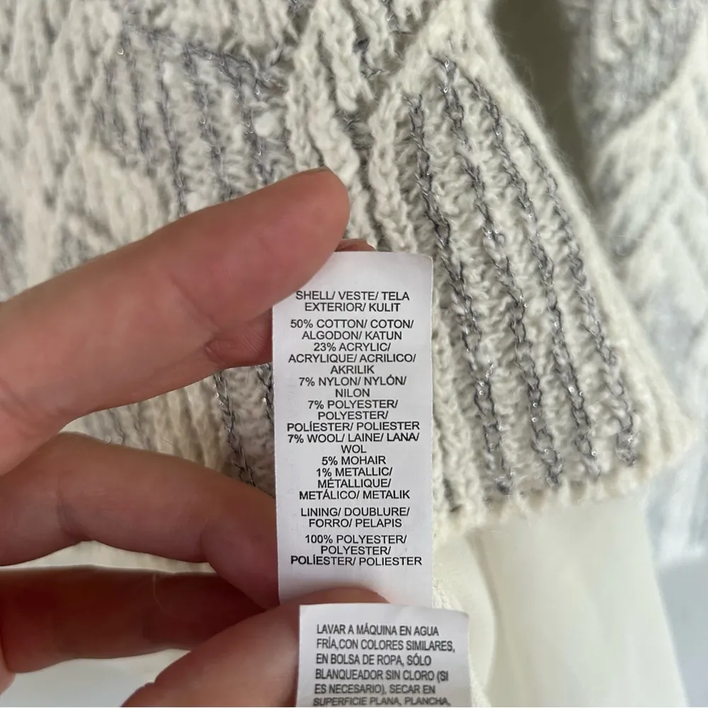 Lucky Brand White Silver Striped Metallic Winter Crew Neck Holiday Sweater Large - Image 2