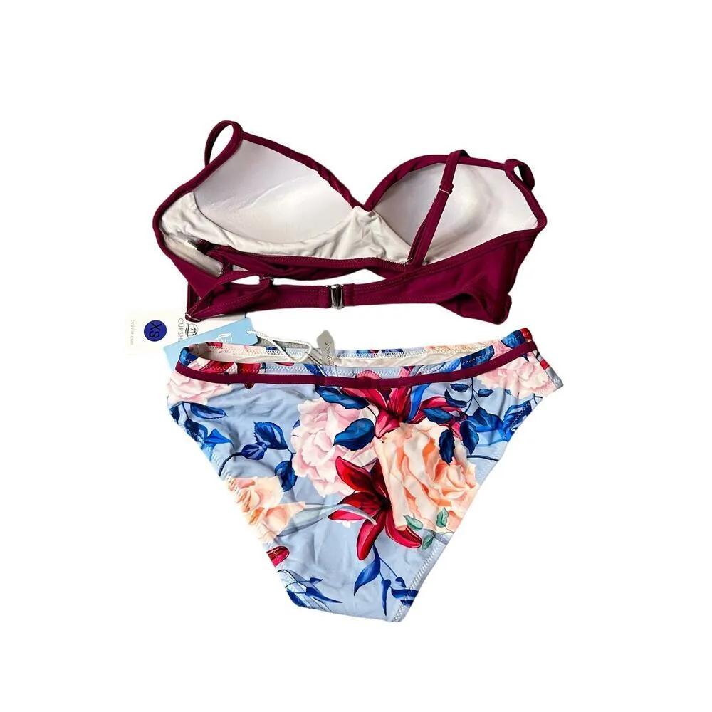 Cupshe Bikini Womens XS Burgundy Wrap Top Floral Bathing Suit Two‎ Piece NEW - Image 2