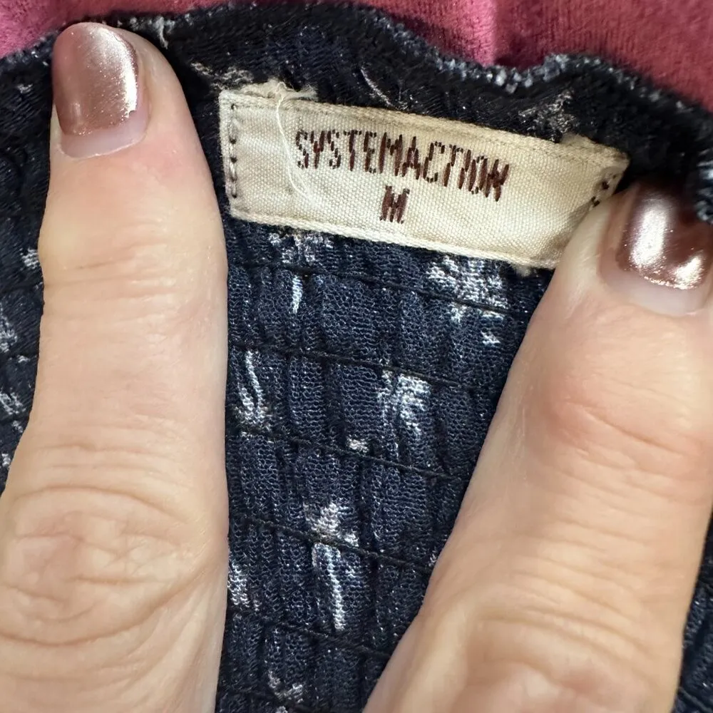 SYSTEMACTION Navy Blue Print Lace Trim Peplum Top Size Medium - Image 8