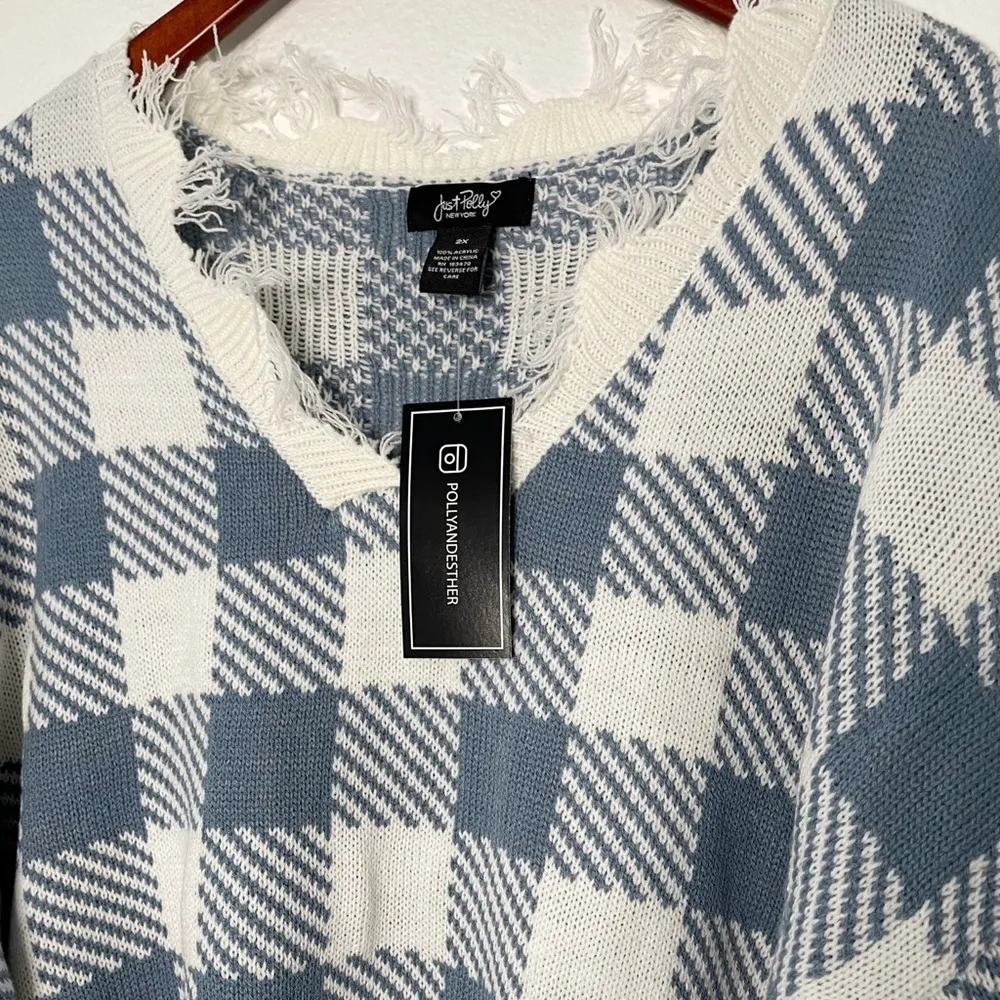 Just Polly V neck plaid distressed knit sweater Size 2X - Image 5