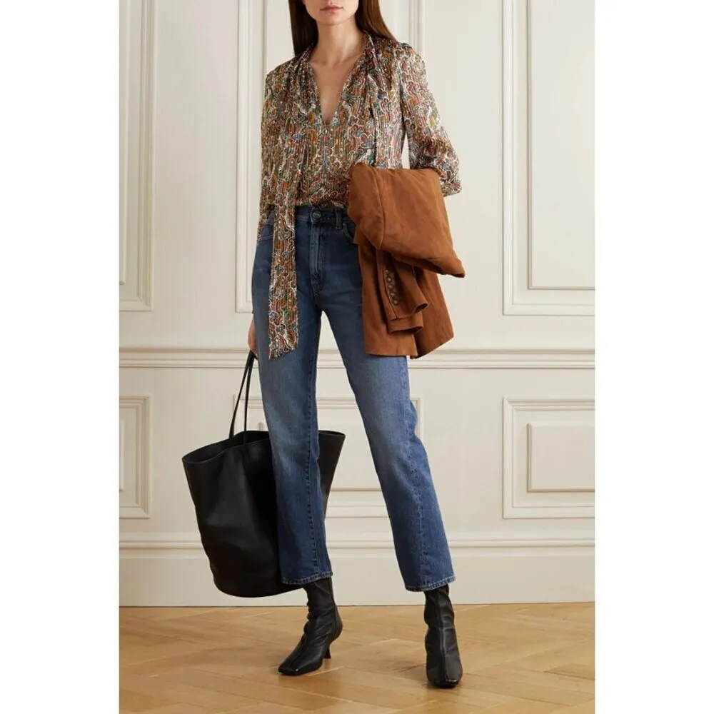 💕VERONICAL BEARD💕 Zaylee Tie-Bow Metallic Silk-Blend Blouse ~ Paisley Print 6 - Image 5