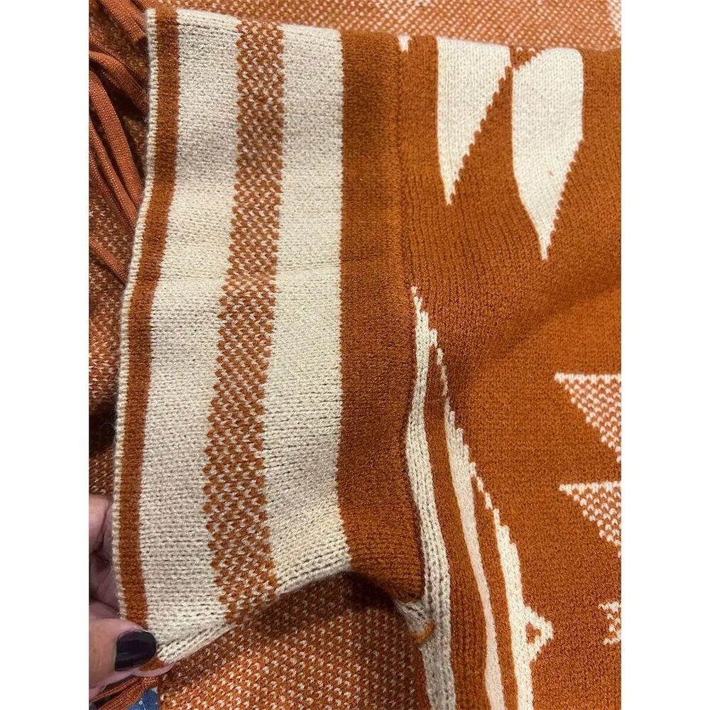 Bronze Aztec Fringed Ruana Poncho Cape Sweater OS Brown Size undefined - Image 7