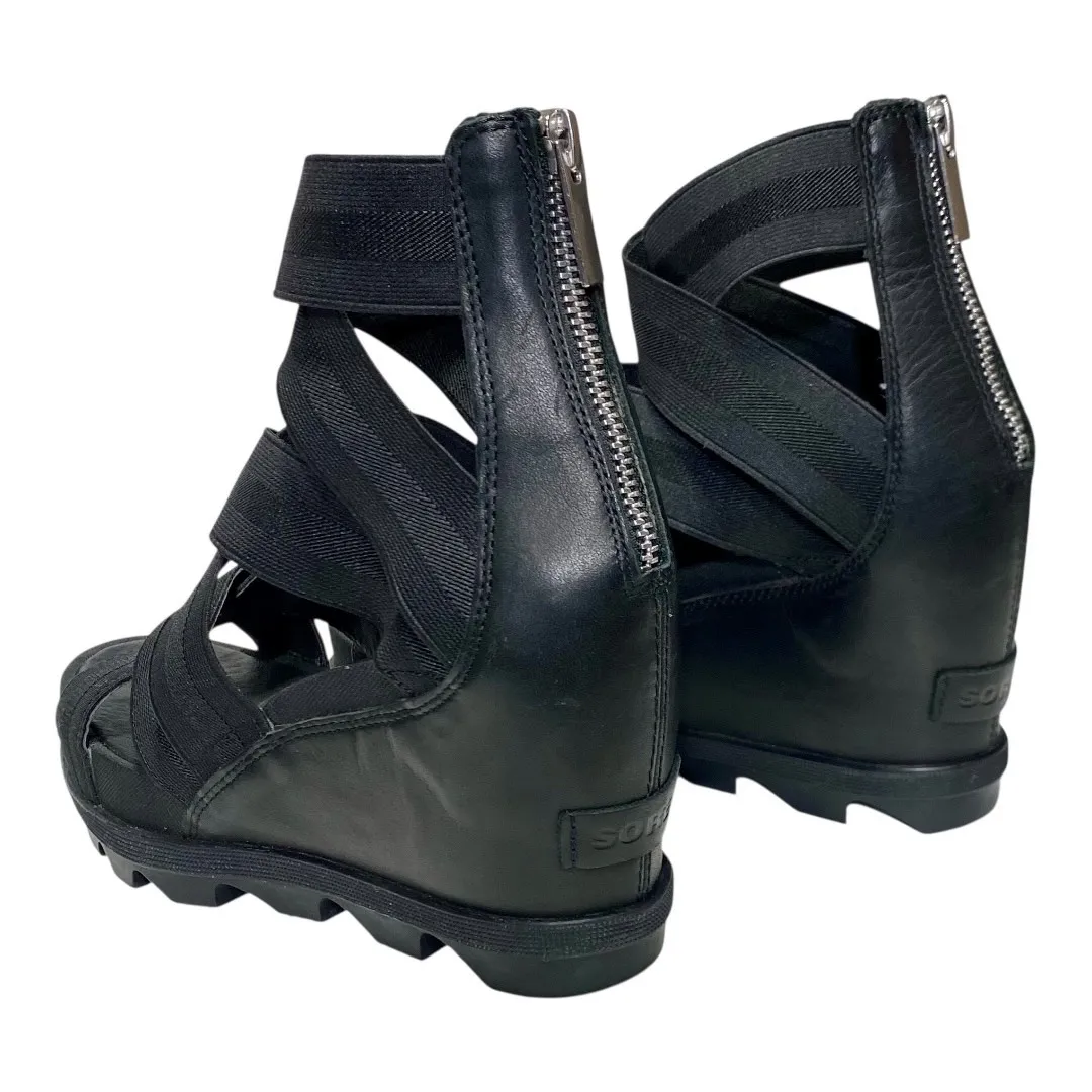 Sorel Joanie II Black Platform Wedge Sandals Sz 9 Elastic Strap Leather - Image 7