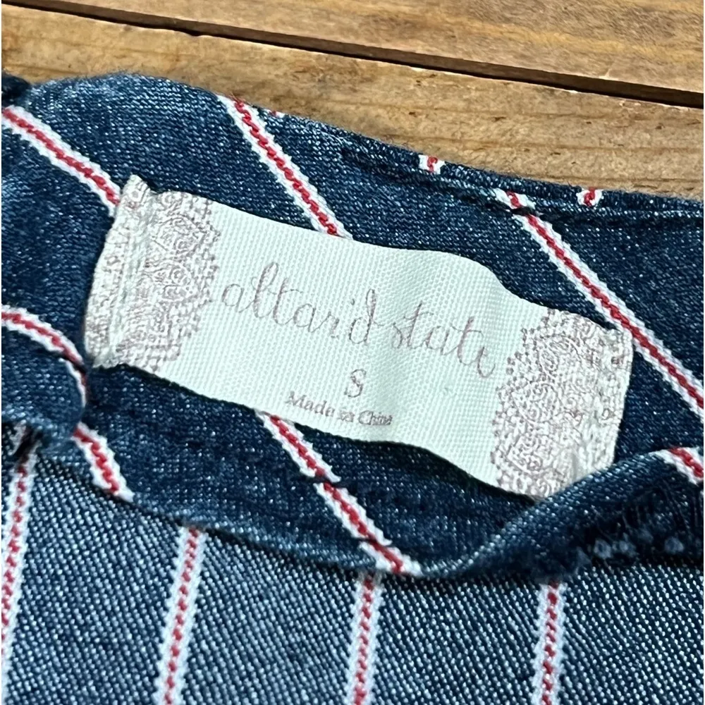 Altar'd State small mini skirt blue red pinstripe zips up back stretchy denim - Image 2