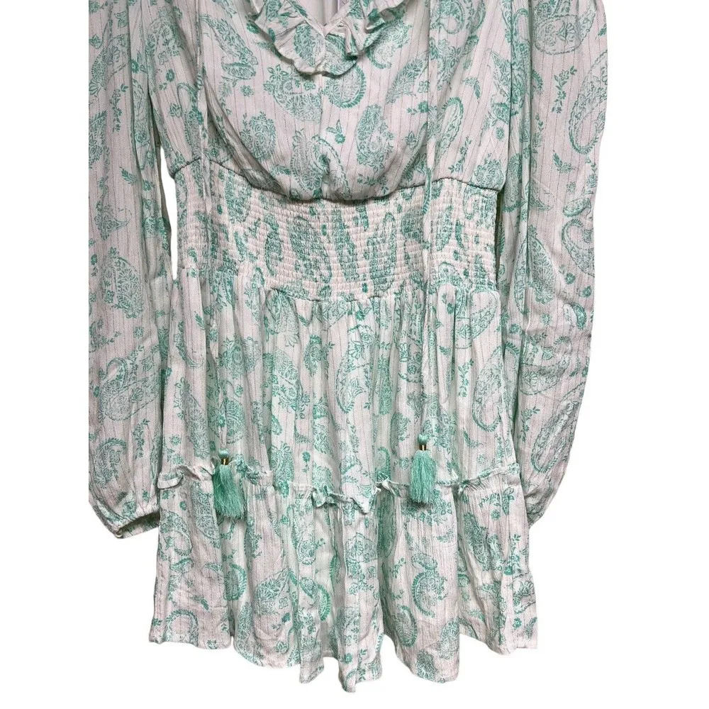 HOUSE OF HARLOW 1960 Mini Dress Mint Green Paisley Smocked Women’s Size Small - Image 5