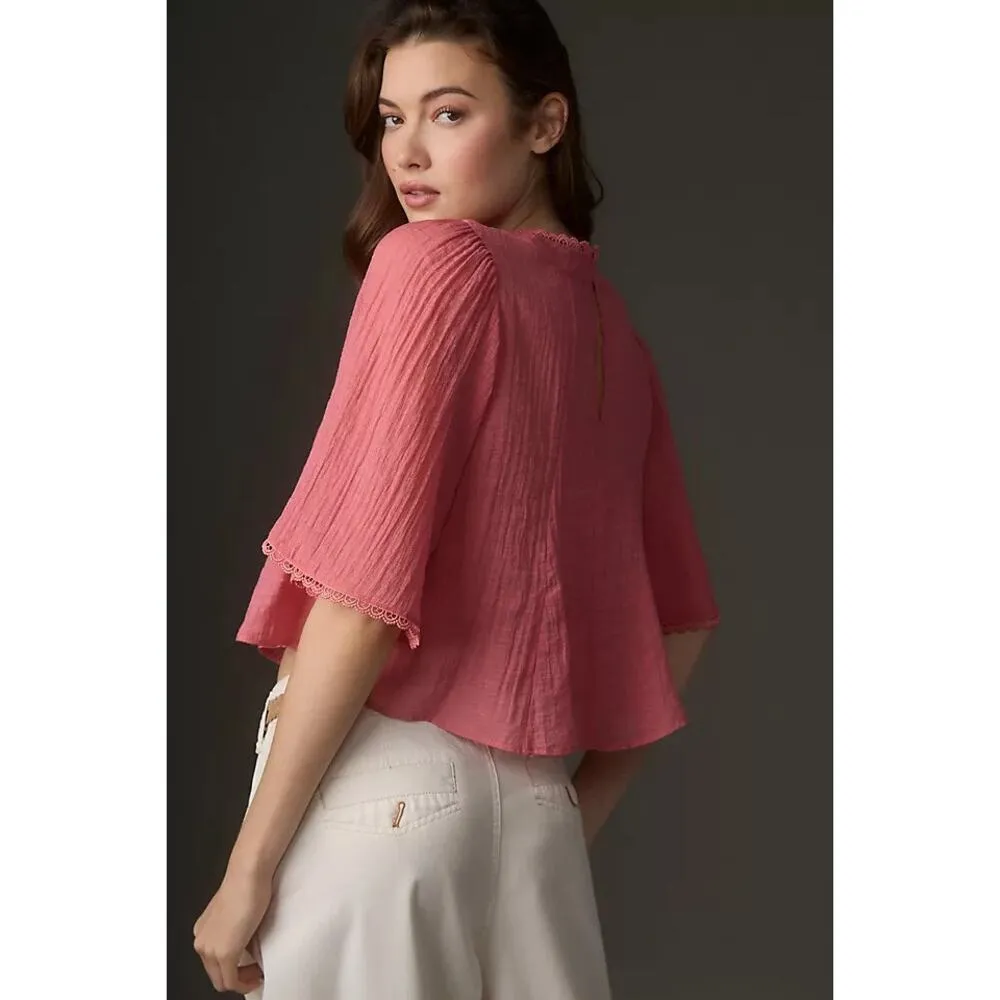 Anthropologie Sheer Swing Top Pink Boxy Cut Short Sleeve Salmon High Neck Womens - Image 2