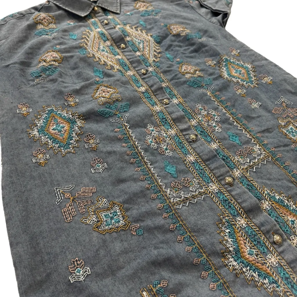 Indigo Thread Co. Embroidered Denim Jean Midi Long Sleeve Button Up Slit Dress Blue - Image 5