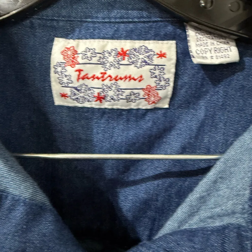 VTG 90s‎ Tantrums Christmas Snowmen Embroidered Denim Flannel Button Down XL T Blue - Image 5